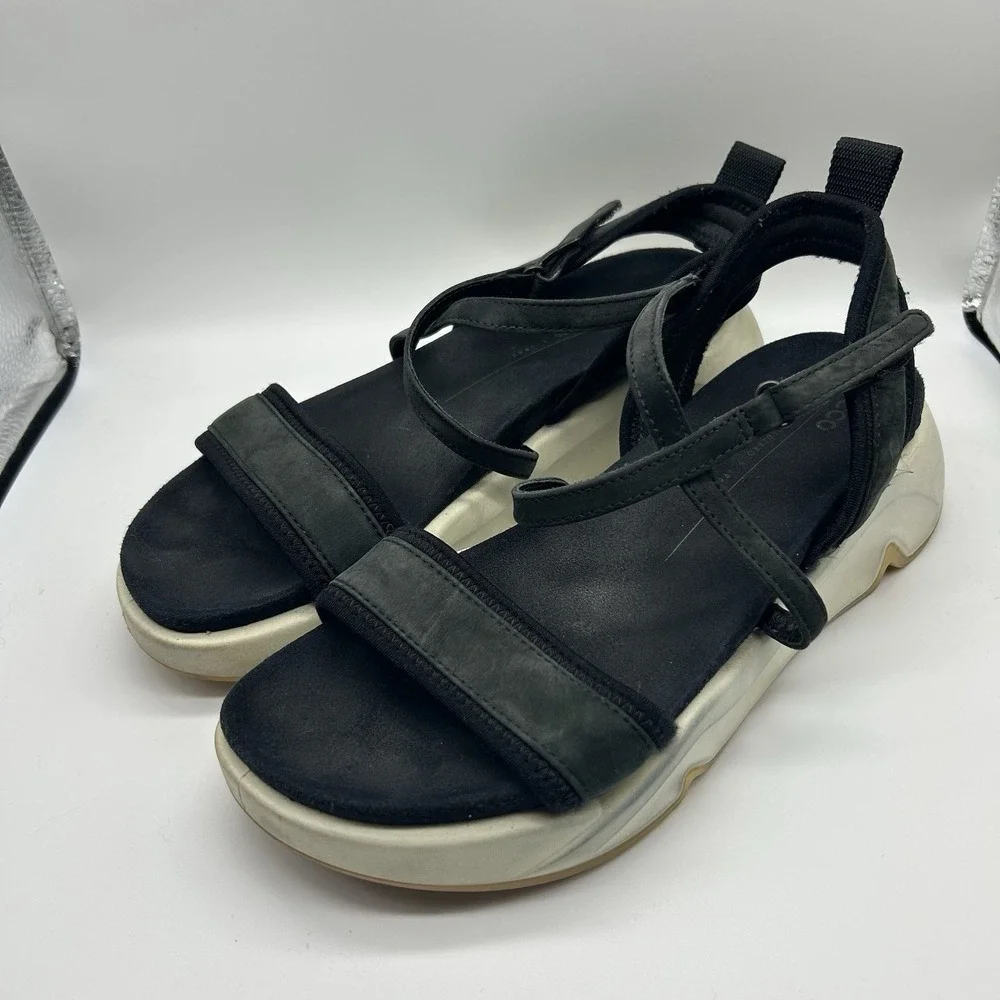 ECCO Plateau Women's 38 US 7.5 Comfort Wedge Sandals Leather Black